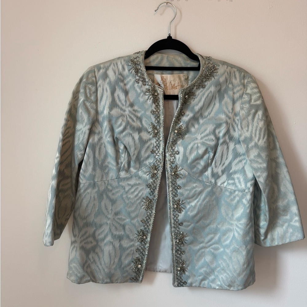 Vintage Light Blue Beaded Open-Front Jacket